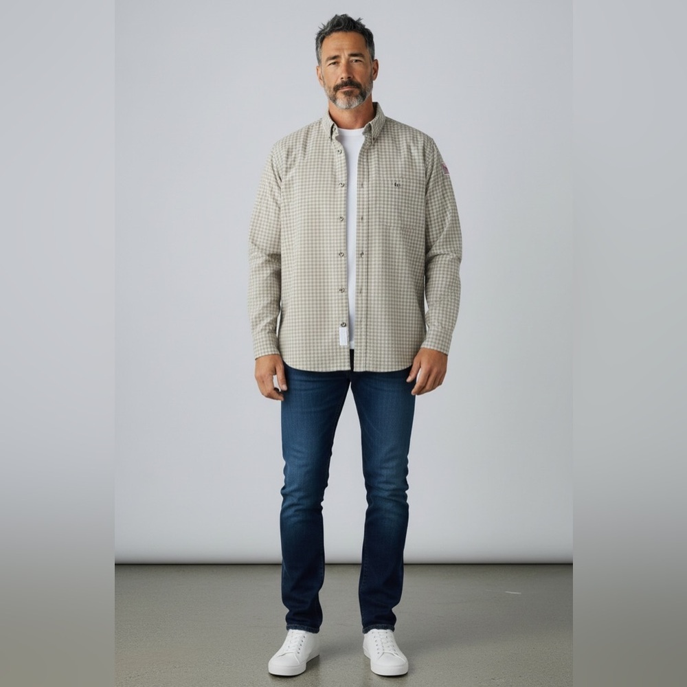 Bulwark FR Flame Retardant Tan Plaid Shirt Button Down Shirt Mens XL